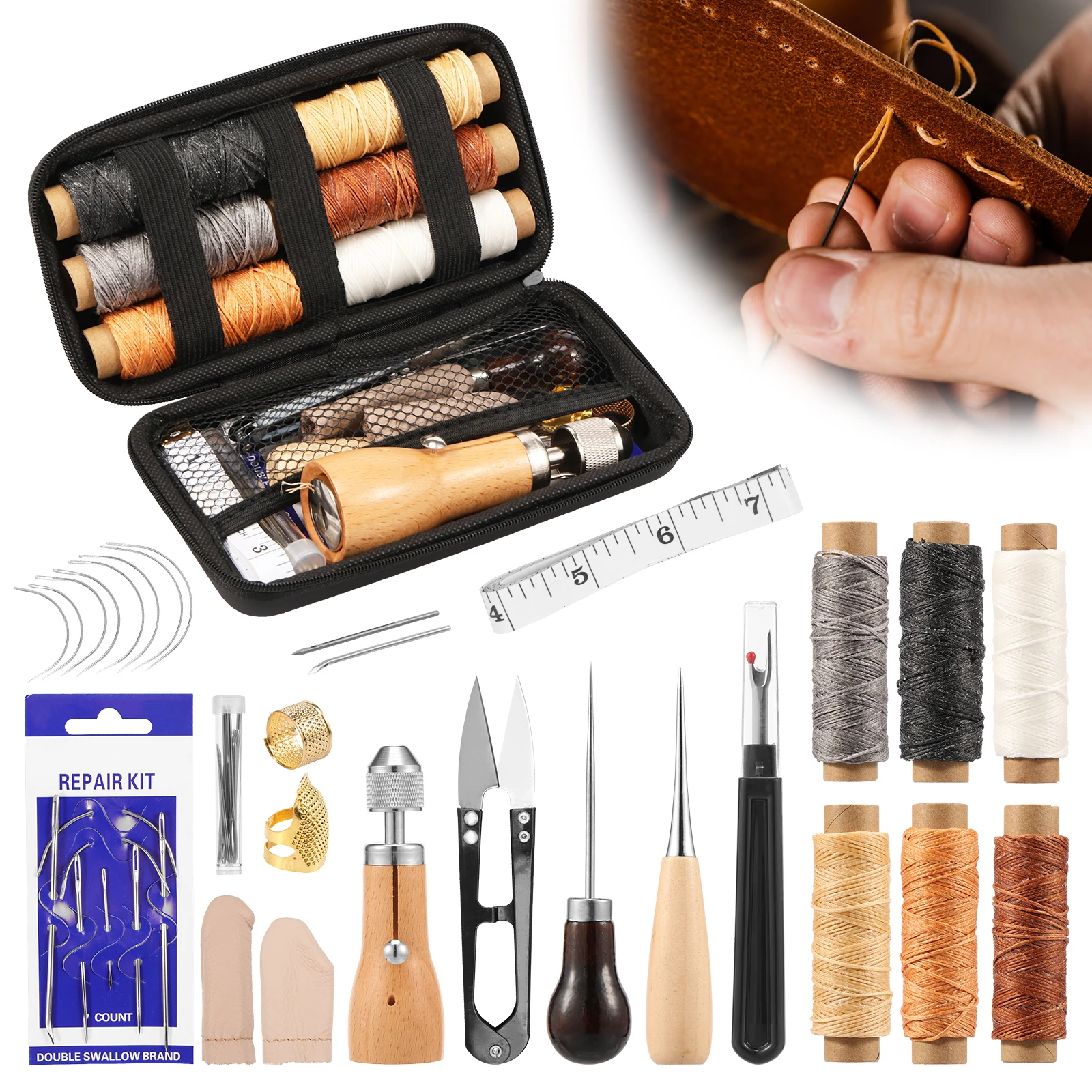 40Pcs Sewing Awl Kit Complete Leather Sewing Awl Kit with Storage Bag Portable Waxed Thread for DIY Repair and Crafts