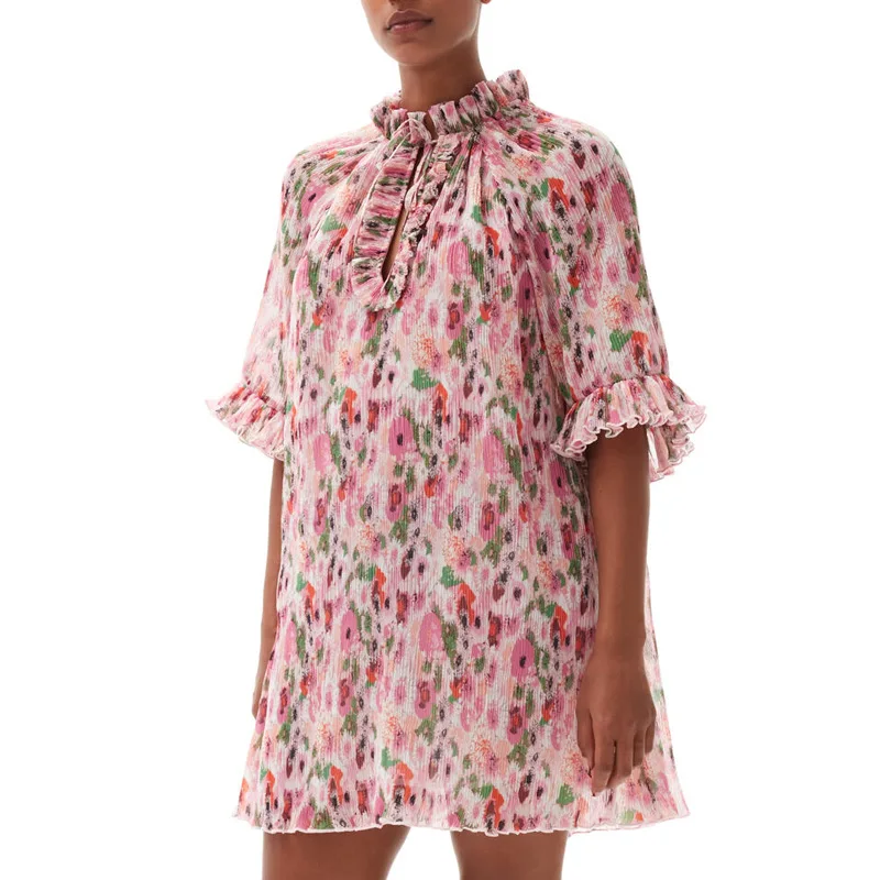 

Women's Pink Flower Print Lace Up Ruffle Collar Mini Dress 2023 New Ladies Sweet Flare Sleeve Pleated Short Robe