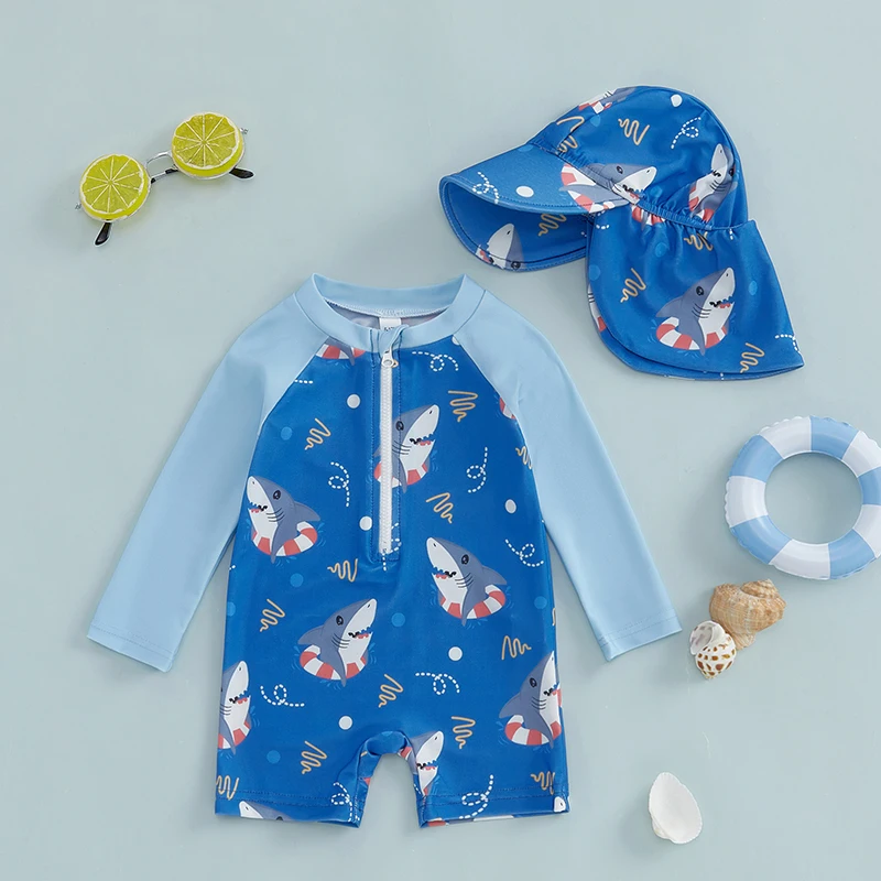 Tregren Toddler Boy Long Sleeve Swimsuit Cartoon Shark Print Half Zipper Rash Guard Swimwear with Sunhat Kids Beach Bathing Suit