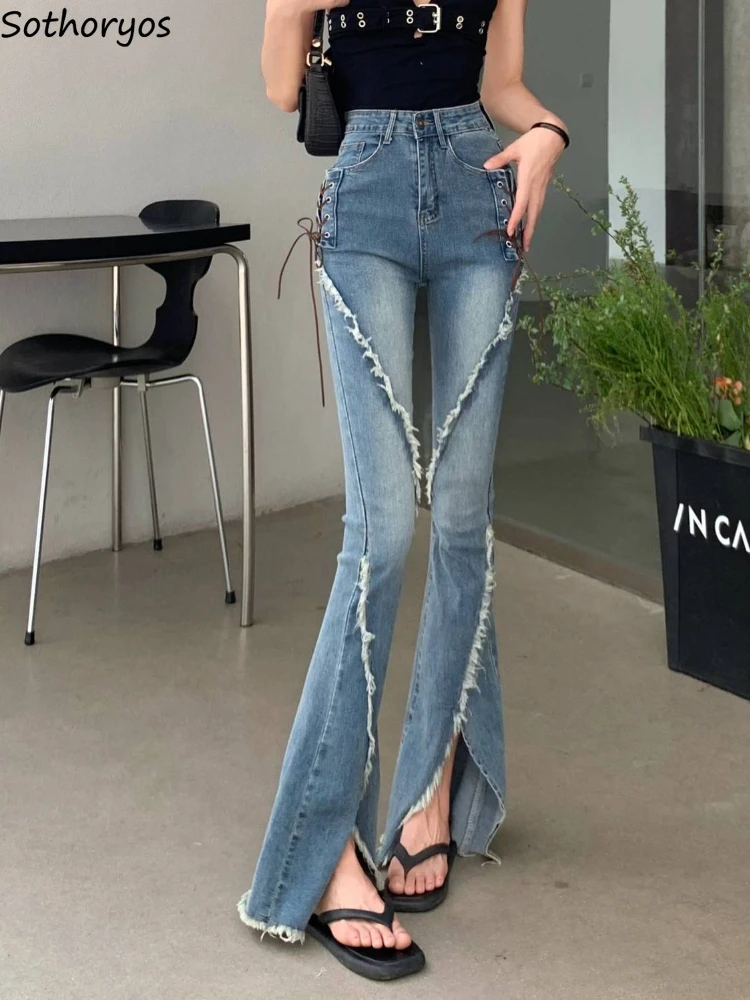 

Jeans Women Faddish Lace-up Slit Boot Cut Trousers High Waist Retro Do Old All-match Hotsweet Skinny Ulzzang Ladies Street New