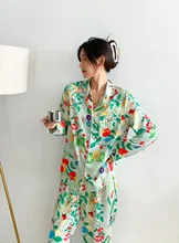  Satin Country Style Print Sleepwear For Women Long-Sleeved Trousers 2 Pcs Ladies Pajamas Suit Green Loose Silk Home Nightwear 