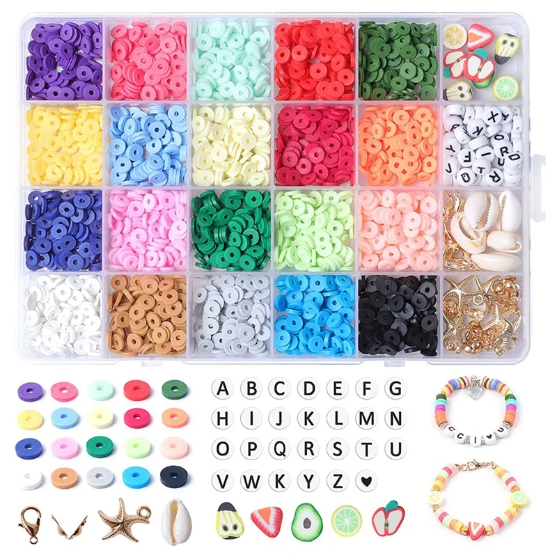

3000 Clay Beads For Bracelet Making, Polymer Clay Flat Round Spacer Bead Kit With Letter Fruit Beads Accessories