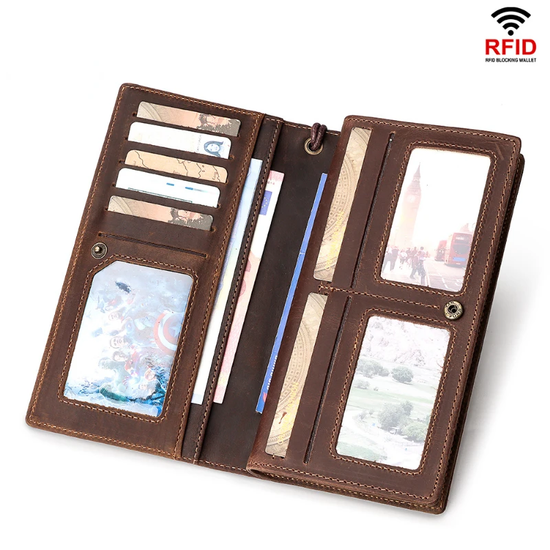 New style large capacity top layer cowhide wallet, men's drawstring mobile phone bag, long leather men's handbag