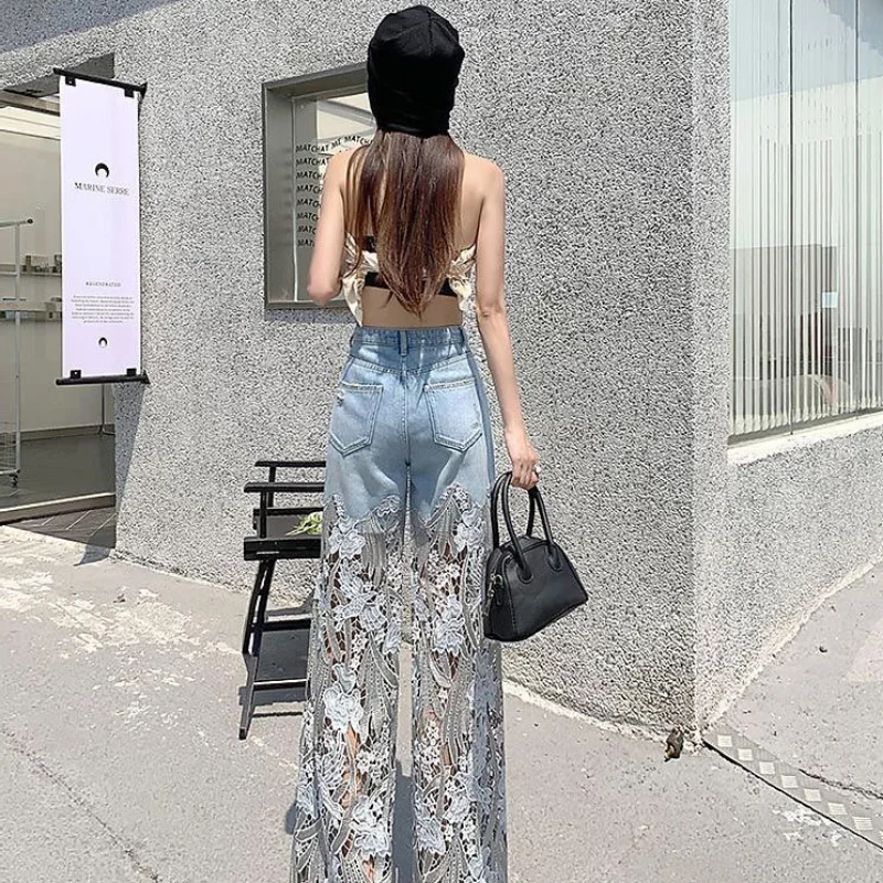 Pantalones de encaje con agujeros estampados para mujer