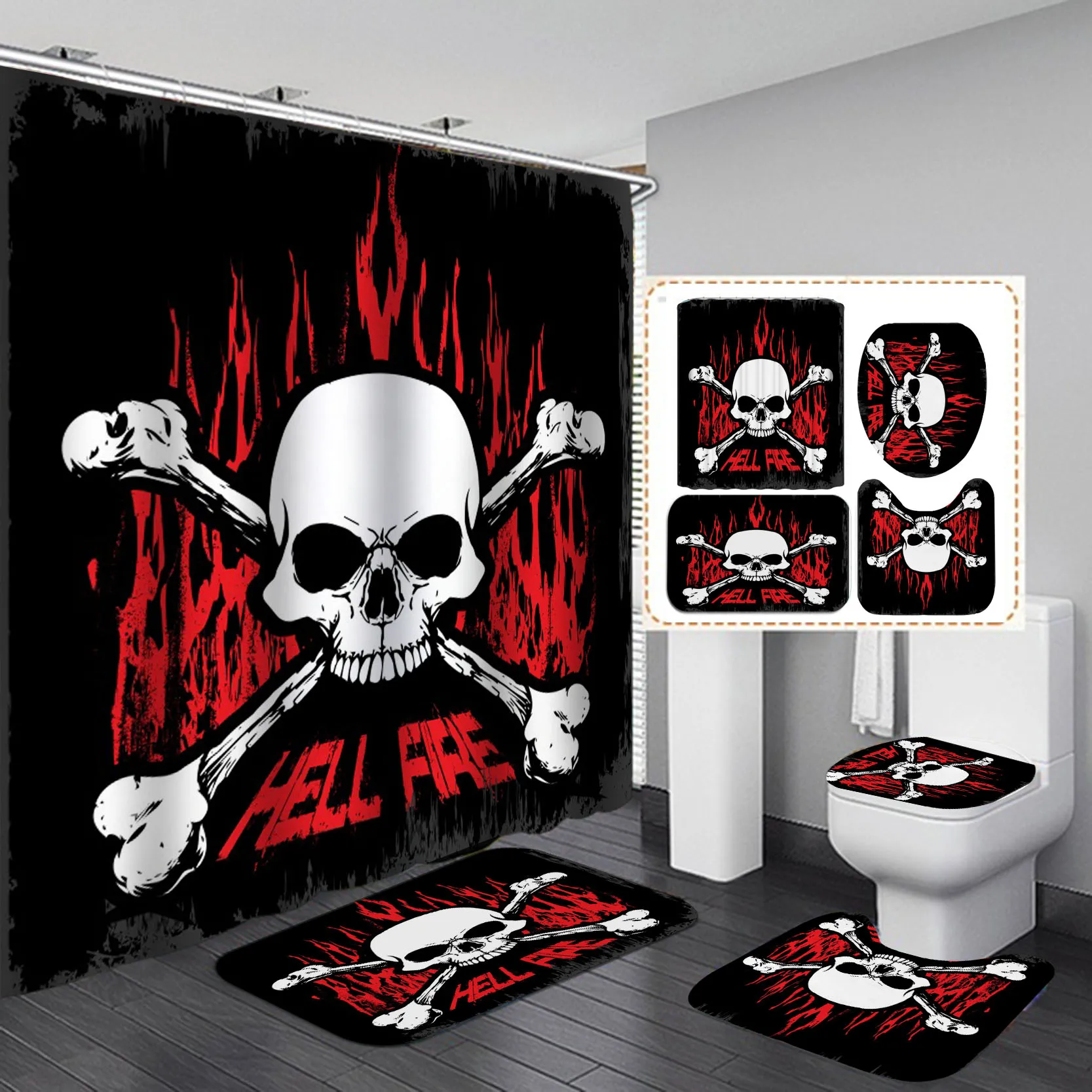 

Funny Skull Skeleton Print Shower Curtain Set Halloween Festival Home Decor Bath Mat Toilet Lid Cover Flannel Bathroom Carpet