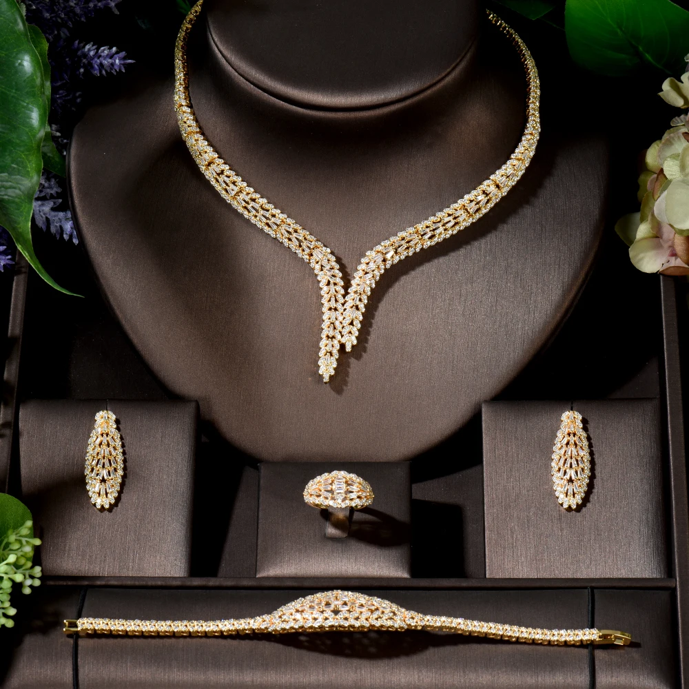 

4pcs Bridal Zirconia Full Jewelry Sets For Women Party, Luxury Dubai Nigeria CZ Crystal Wedding Jewelry Sets