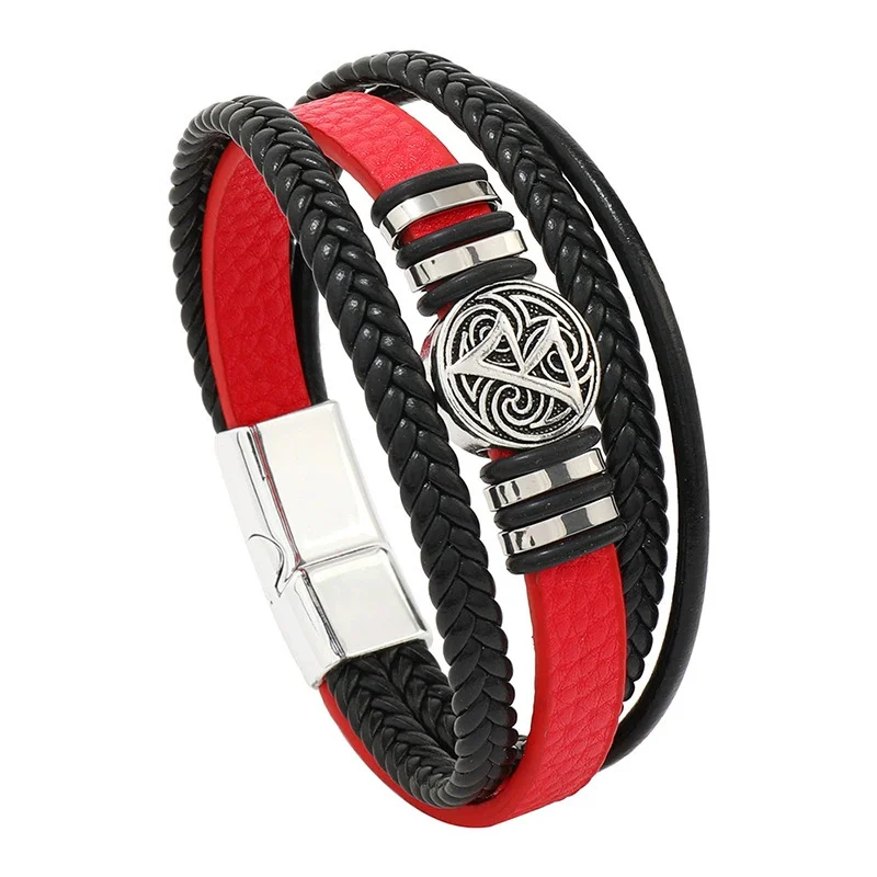 Leather Bracelet Men's Multi-Layer Viking-Inspired Trendy Black/Red Color Fashion Braided For Social Occasions
