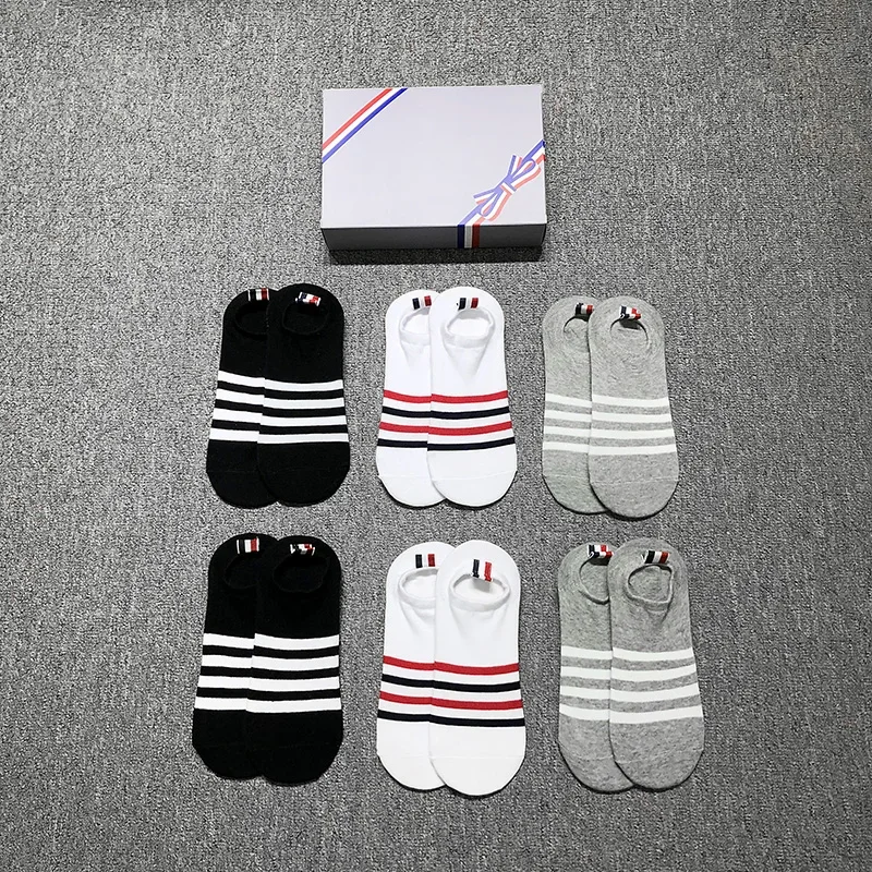 

TB THOM Men's Socks Luxury Brand 4-bar Stripes No Show Socks Women's Cotton Korean Fashion Harajuku Wholesale TB Stockings
