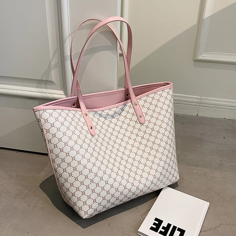 2 Pcs/set Luxury Designer High Capacity Tote Handbag for Women 2022 Trends Brand Designer Striped Shopper Shoulder Shopping Bag 