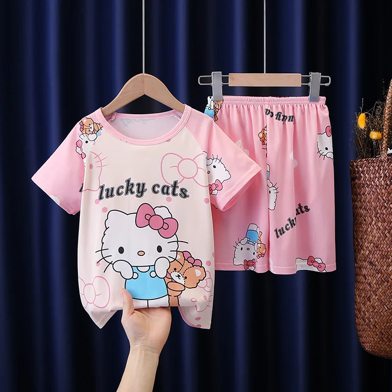 2024 Cute Anime Summer Children's Pajamas Miniso Cinnamoroll Kuromi Pochacco Kids Milk Silk Sleepwear Girl Boy Pijamas Sets Gift