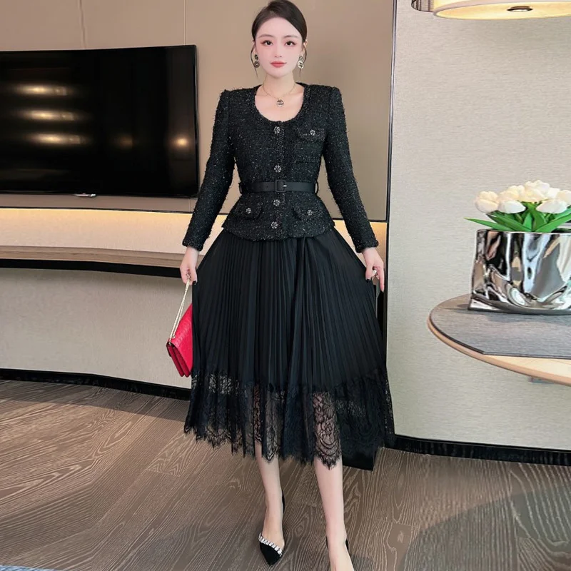 Vintage Beading Buttons O-neck Black Dress With Belt Summer Women Evening Dresses Ladies Wedding Party Clothes Tide