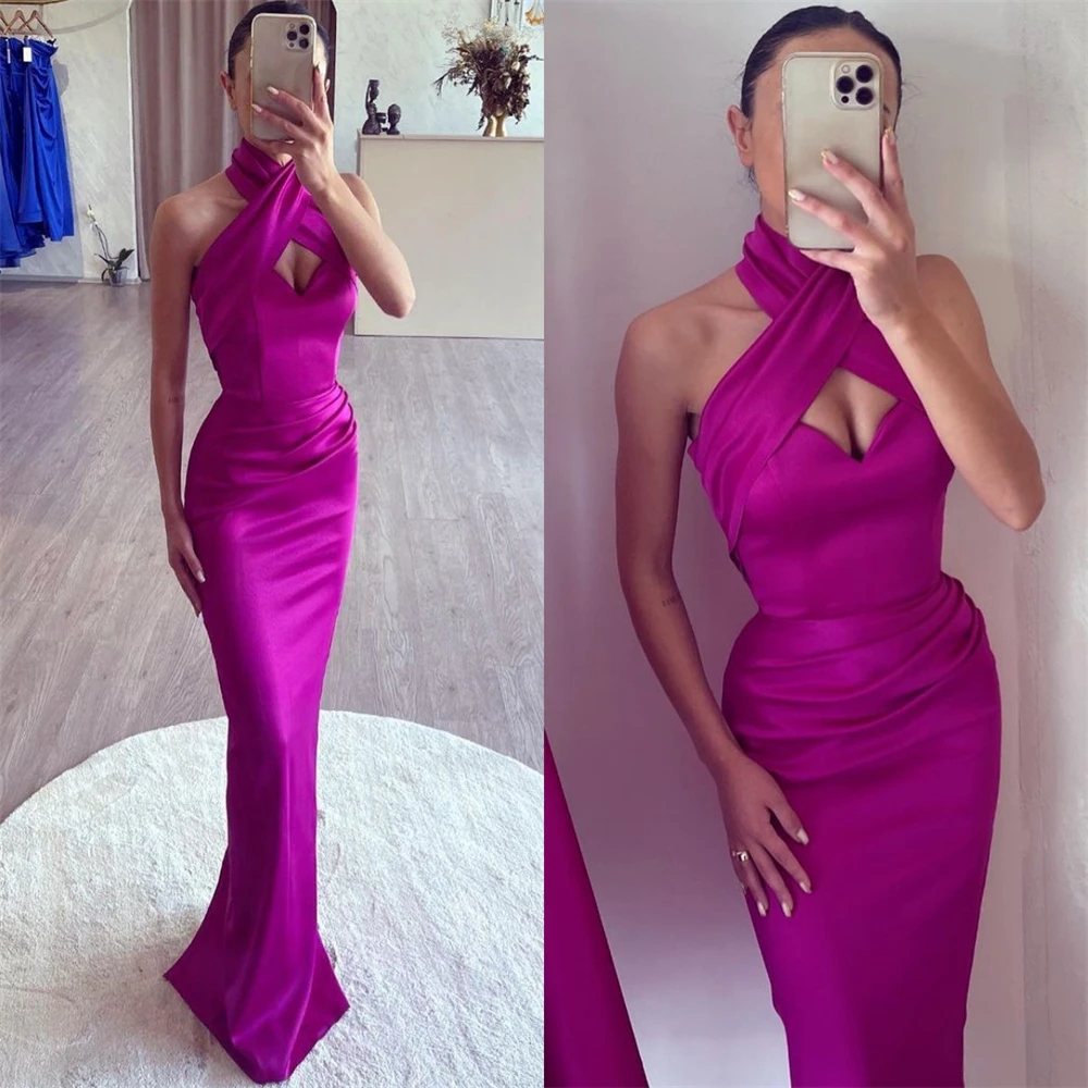 

Prom Dresses Fashion Halter Sheath Party Fold Satin Occasion Evening Gown vestidos de fiesta elegantes para mujer 2023