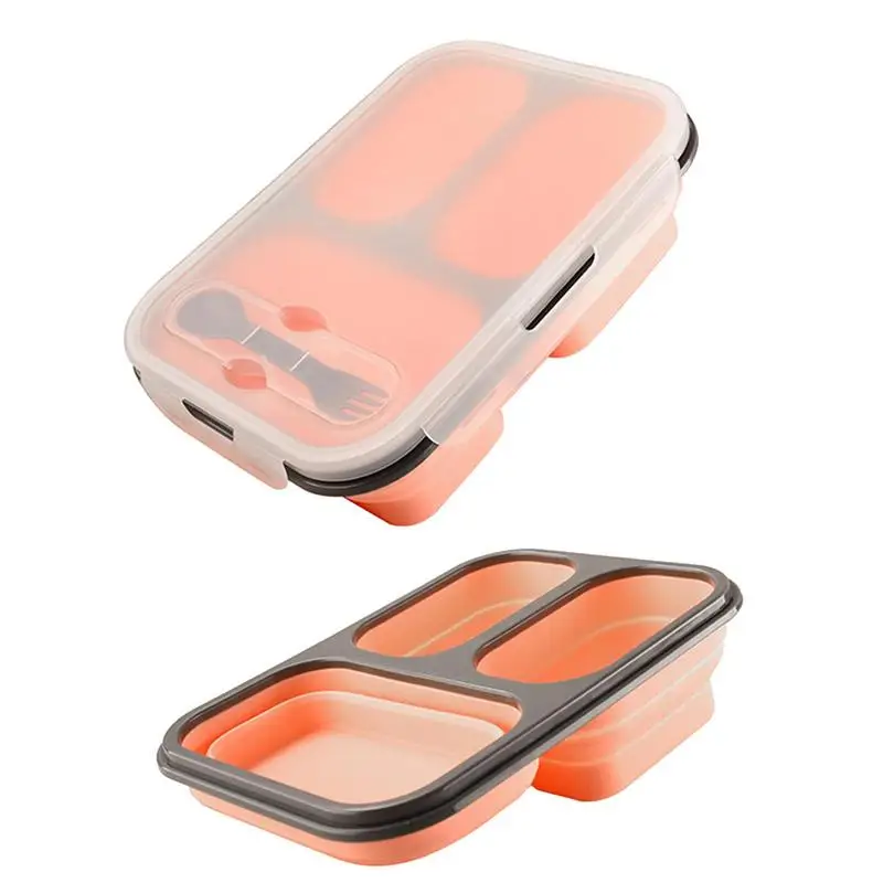 

Silicone Lunch Box Portable 3 Grid Foldable &Washable Lunch Container Box With Spoon For Kid Adult Safe Food Dishwasher & Freeze