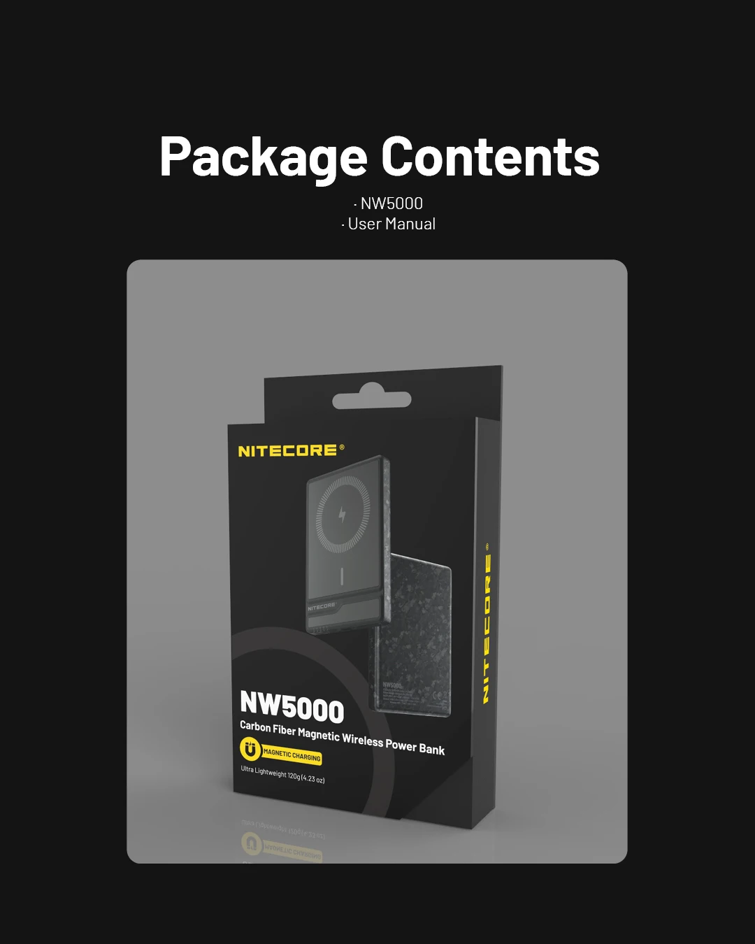 NITECORE 휴대용 마그네틱 무선 모바일 보조배터리, 탄소 섬유, NW5000, 5000mAh, QC3.0, QC2.0, 20W 고속 충전