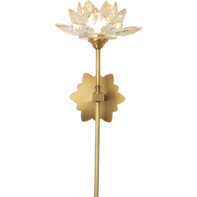 Chinese Vintage Zen Art Lotus Flower Wall Lamp Led E14 Copper Crystal Wall Mounted For Living