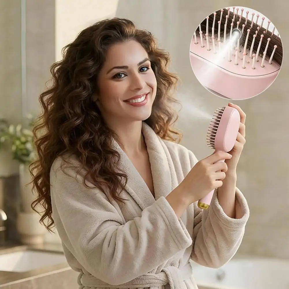 Electric Steam Hair Brush with Water Spray Reduce Frizz Anti-Static Misting Hairbrush Portable Travel Cordless Fluffy Hair Detan 2