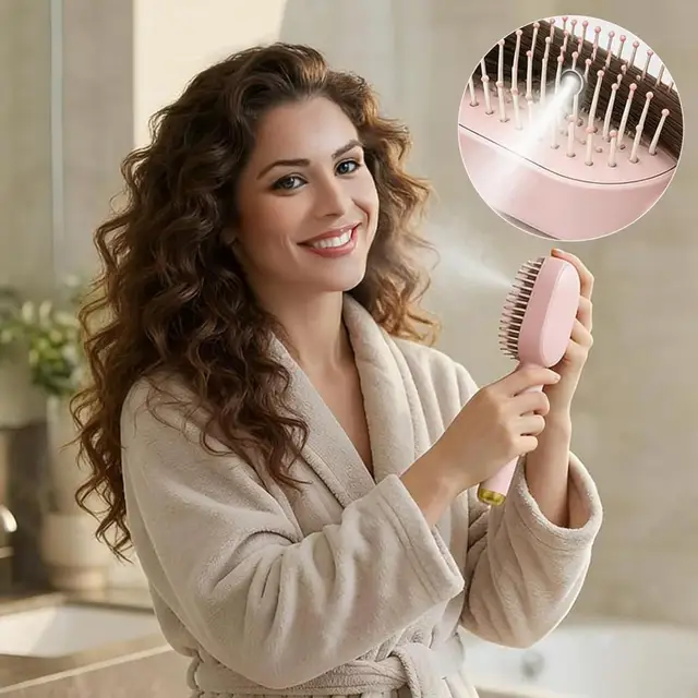 Electric Steam Hair Brush with Water Spray Reduce Frizz Anti-Static Misting Hairbrush Portable Travel Cordless Fluffy Hair Detan 2