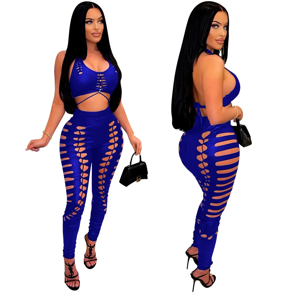 Women Hole Two Piece Set Fitness Summer Yoga Tracksuit Solid Lace Up Vest Crop Top Leggings Pants Outfit Party Club Matching Set