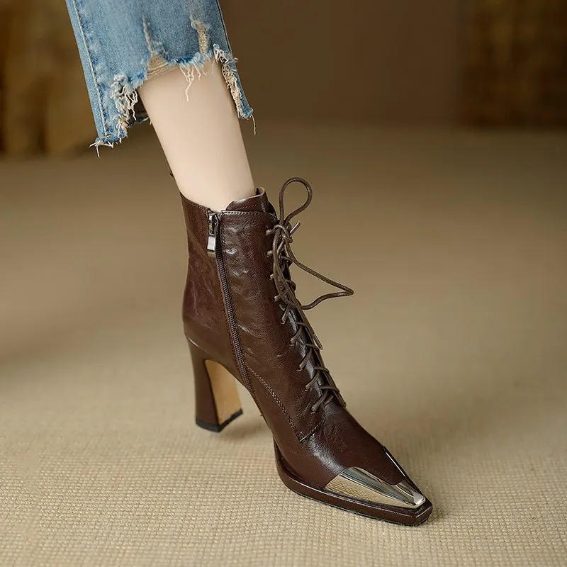 Botas de cuero con punta cuadrada y tacón alto para mujer, botines de ...