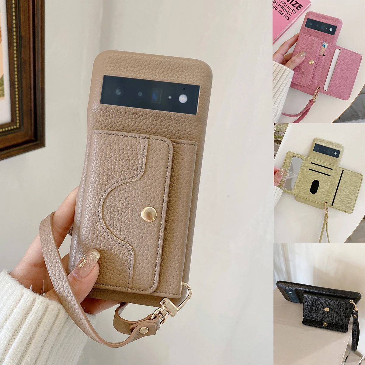 Elegant Litchi Pattern PU Leather Wallet Case with Mirror and Card Holder