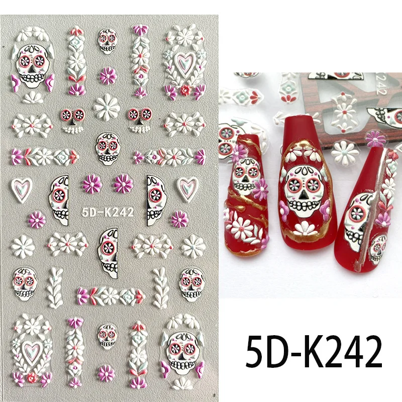 5D Realistic Relief Happy Halloween Prank Cute Skull Ghost Jack-o'-lantern Adhesive Nail Art Stickers Decals Manicure Charms 4