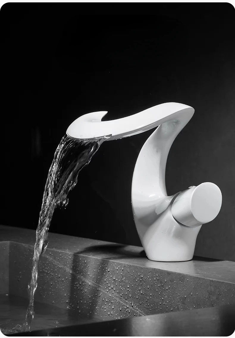 Waterfall Faucet Bathroom Basin Faucet Cold and Hot Brass Mixer Sink Taps White Black Torneira Banheiro Single Hole Deck Mounted
