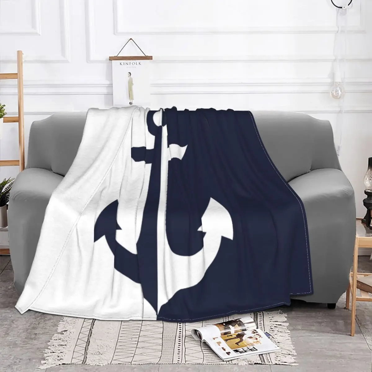 

Nautical White And Navy Blue Anchor Blanket Fleece Spring/Autumn Ultra-Soft Throw Blanket for Home Office Plush Thin Quilt