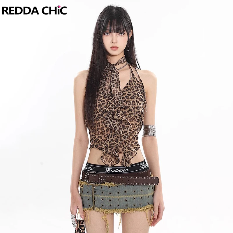 

ReddaChic Women Scarf Neck Ruffled Leopard Camisole Halter Strappy Sleeveless Sling Vest Grayu Y2k Cropped Top Vintage Clothing