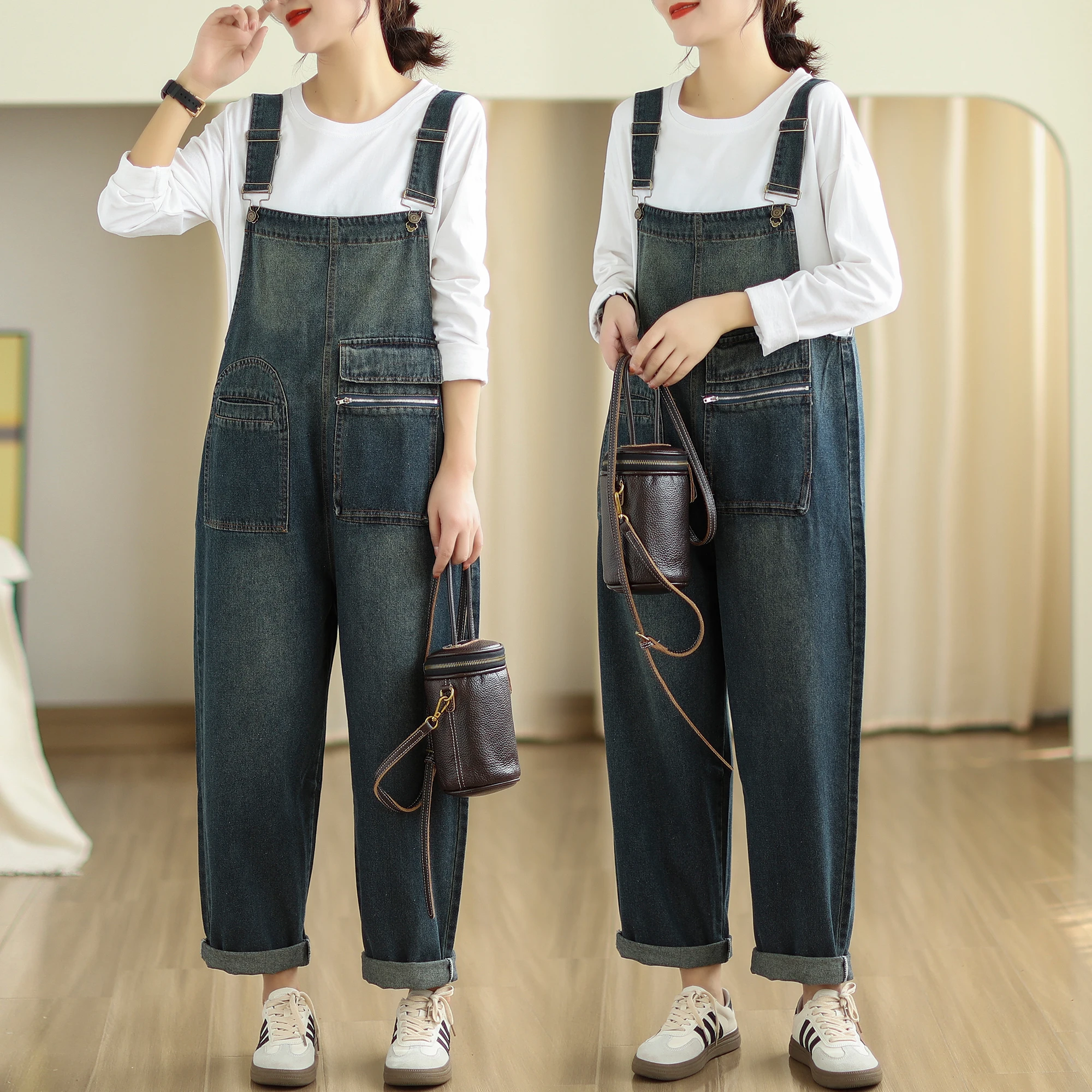 

Spring Autumn Women Denim Jumpsuit Fashion Versatile Washed Pockets Patchwork Cozy Simple Office Lady Loose Casual Playsuits