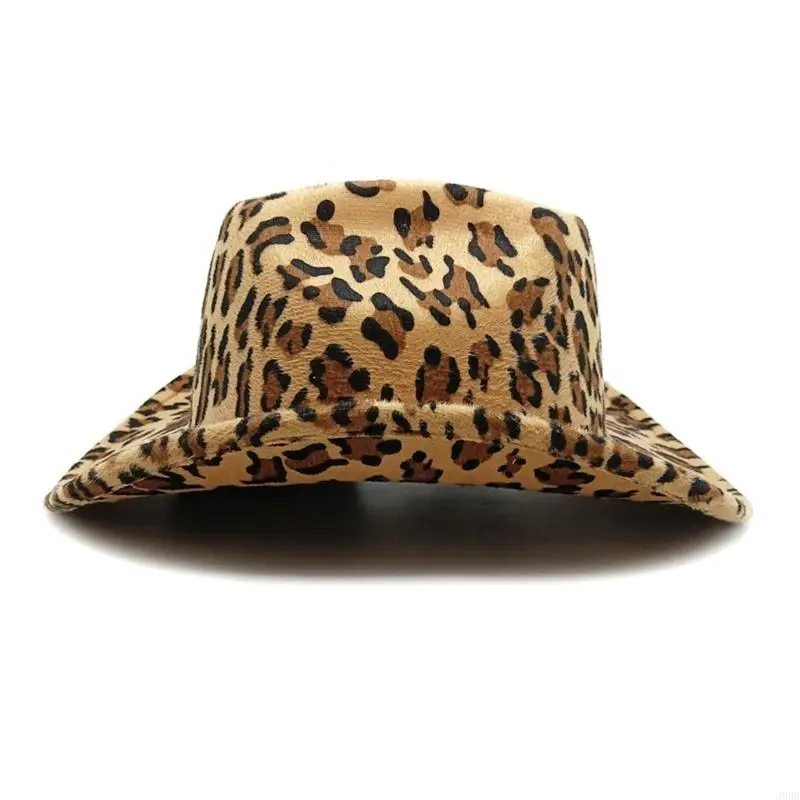 652F Western Styles Hat Roll Trim Cowgirls Fedoras Wide Brims Hat with Leopard Pattern for Outdoor Activity and Cosplay Party