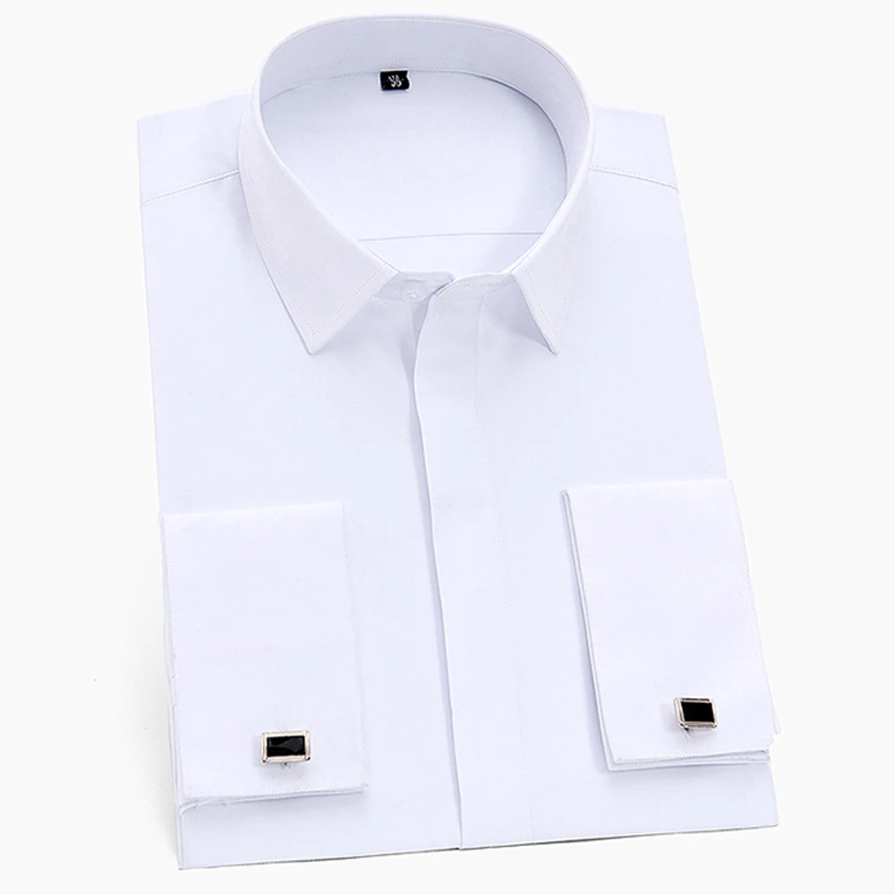 

Classic French Cuff Button Men's Solid Dress Shirt Covered Placket Formal Business Long Sleeve Office White Cufflink Shirts