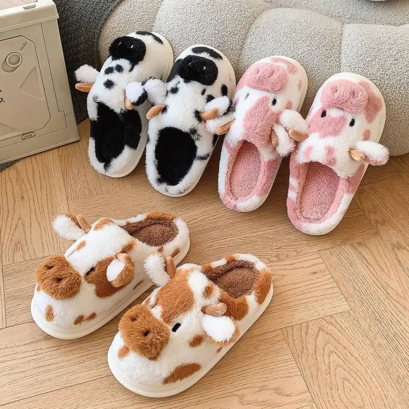 Kawaii Fuzzy Cow Slippers For Women & Girls - Winter Warm Plush Home Scuff Slippers