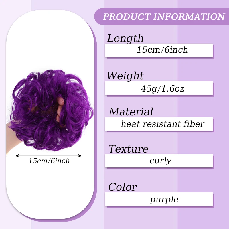 Purple Messy Hair Bun Extensions Wig Synthetic Curly Bun Hairpiece Updo Hair with Elastic Hair Band for Women Daily&Party Use
