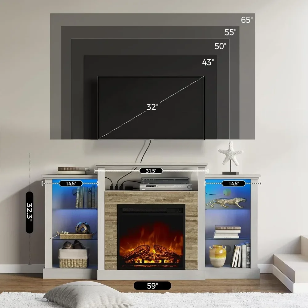 Fireplace TV Stand with LED Lights and Power Outlets, TV Console for 32" 43" 50" 55" 65", Entertainment Center with Ad 6
