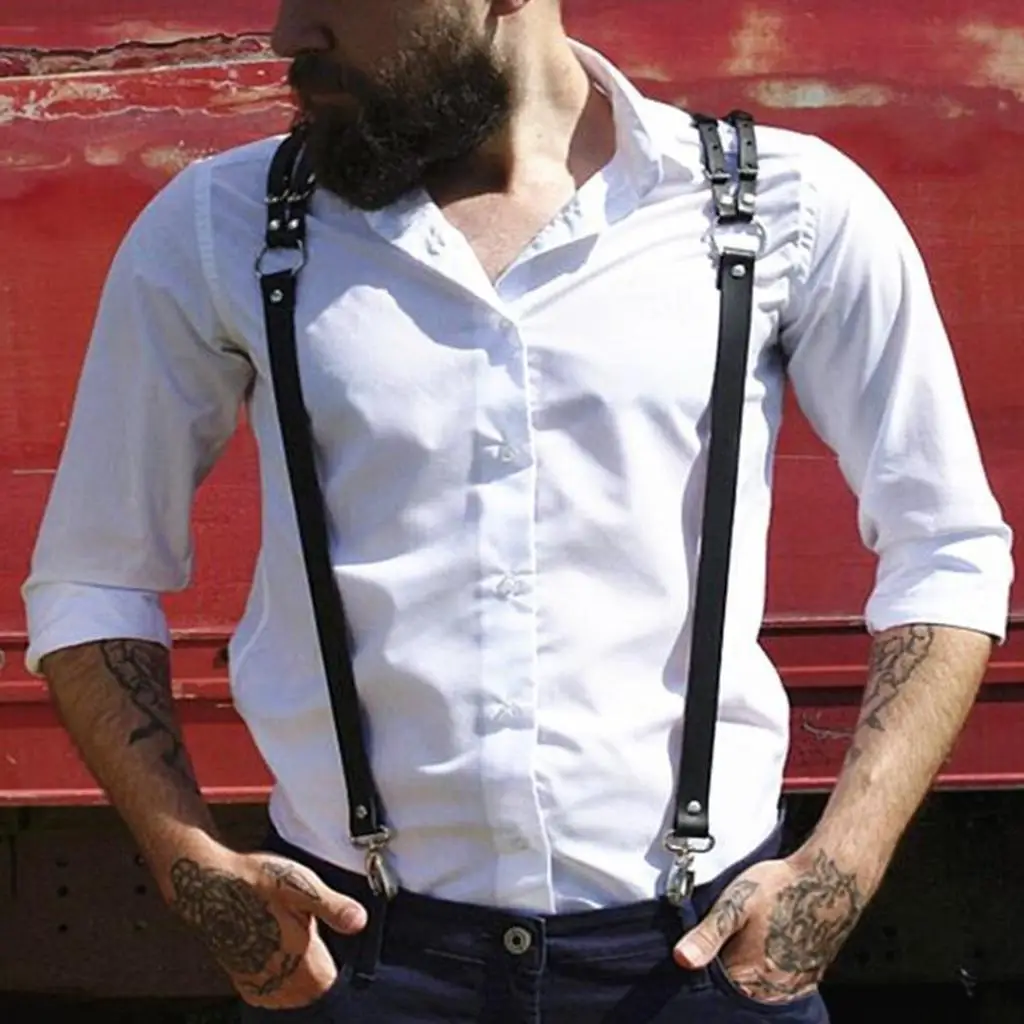 Mens Leather Adjustable Slim Trousers  Suspenders Fancy Dress