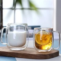 1pc Double Wall Glass Coffee Cup with Handle 150-350ml Heat Resistant High Borosilicate Glass Mug for Cold Juice Milk Coffee
