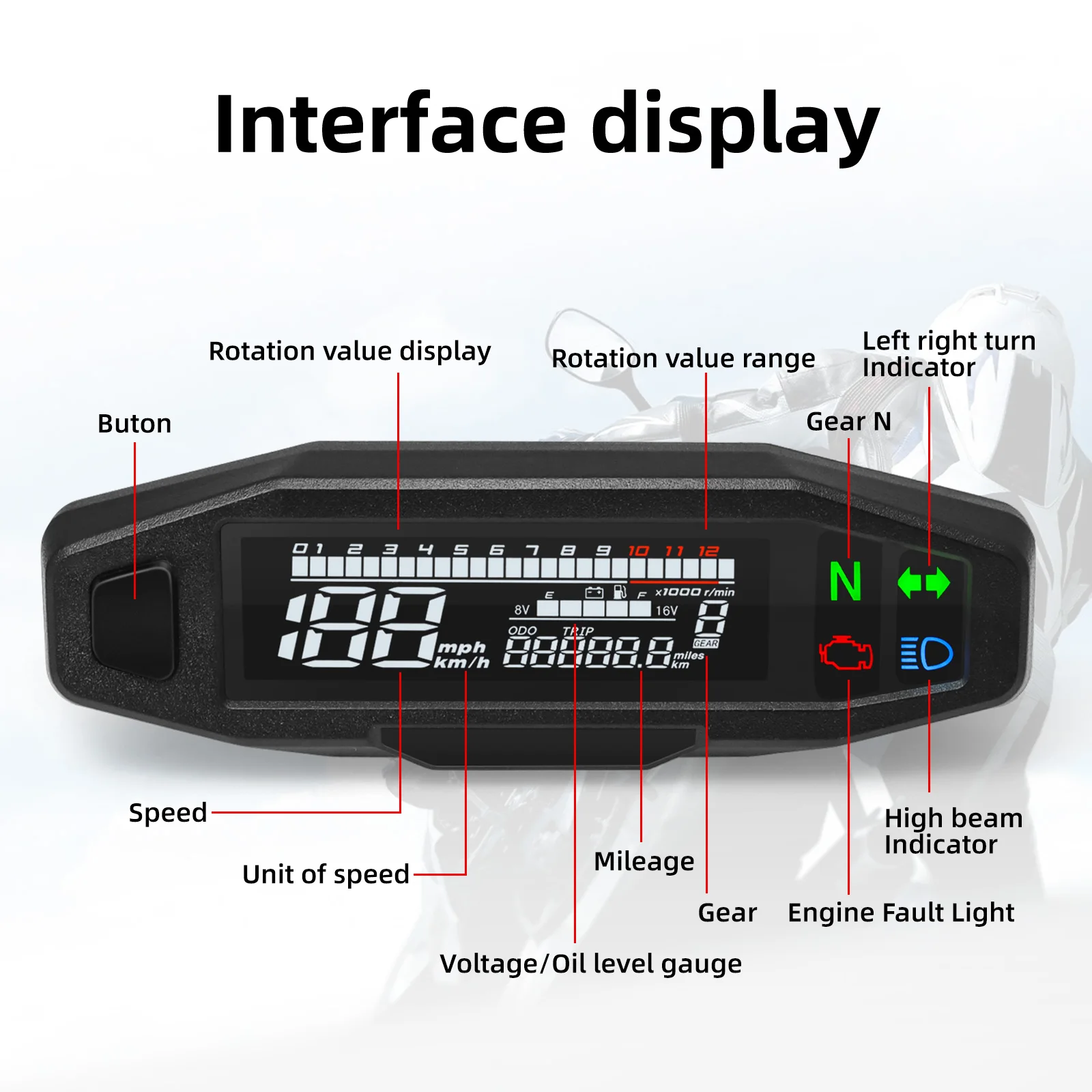 Universeller 12V Motorrad Digitaler Tachometer Digitaler Armaturenbrett-Meter LCD Drehzahlmesser Ölstand Spannungsanzeige Motorrad-Zubehör – Detail 6