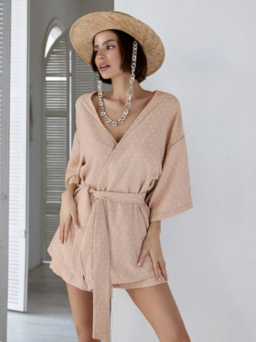 

Marthaqiqi Causal Ladies Pajamas Set Long Sleeve Robe Sexy V-Neck Nightwear Lace Up Nightgowns Shorts Loose Women'S Nightie Suit