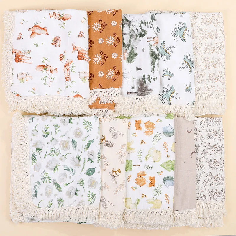 Muslin 배넷저고리 담요 용 면 술 받침 담요, 침구 배넷저고리 랩, 유모차 커버