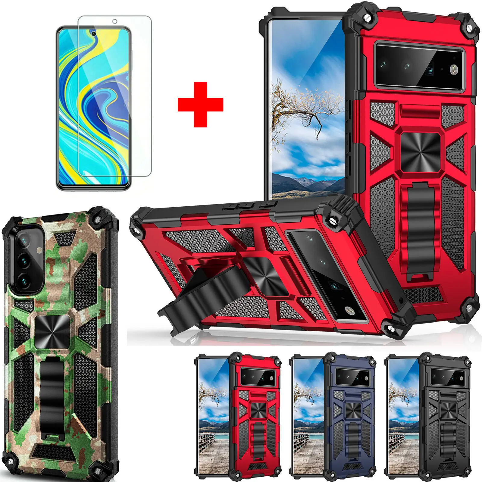 

For Google Pixel 6a 6 Pro Magnetic Holder Shockproof Stand Rugged Phone Case Hybrid Armor Cover+Tempered Glass