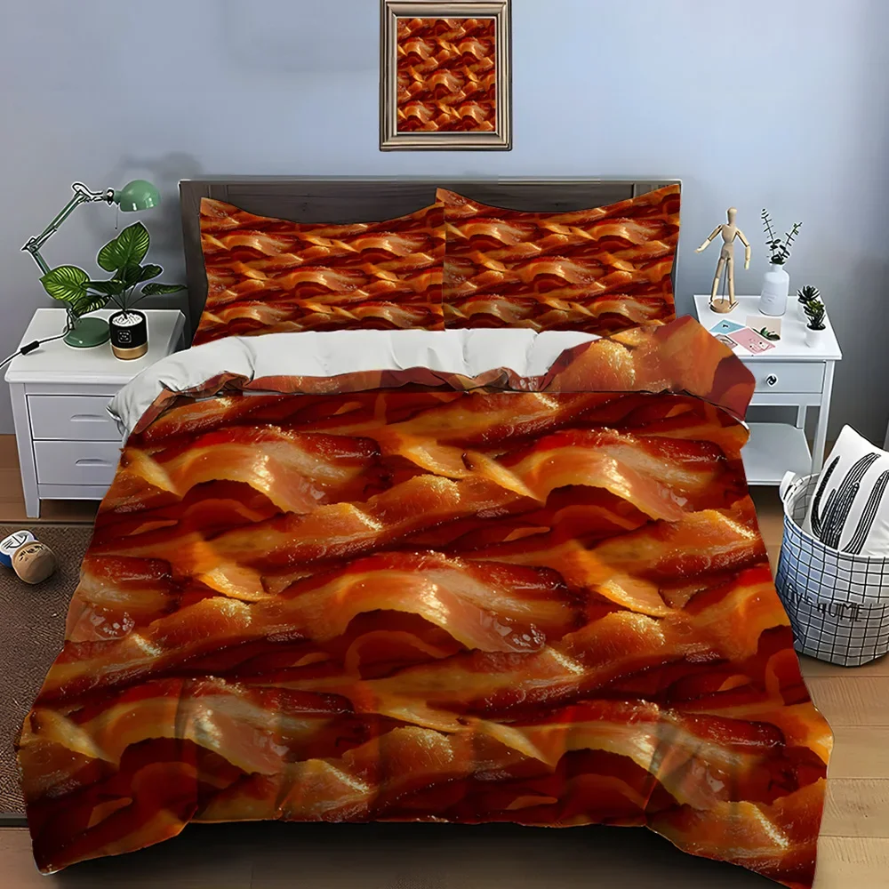 HD Meat Bacon Food Print Bedding Set Duvet Cover 1 Duvet Cover 2 Pillowcases Adult and Children Bedding Set Luxury for Gifts