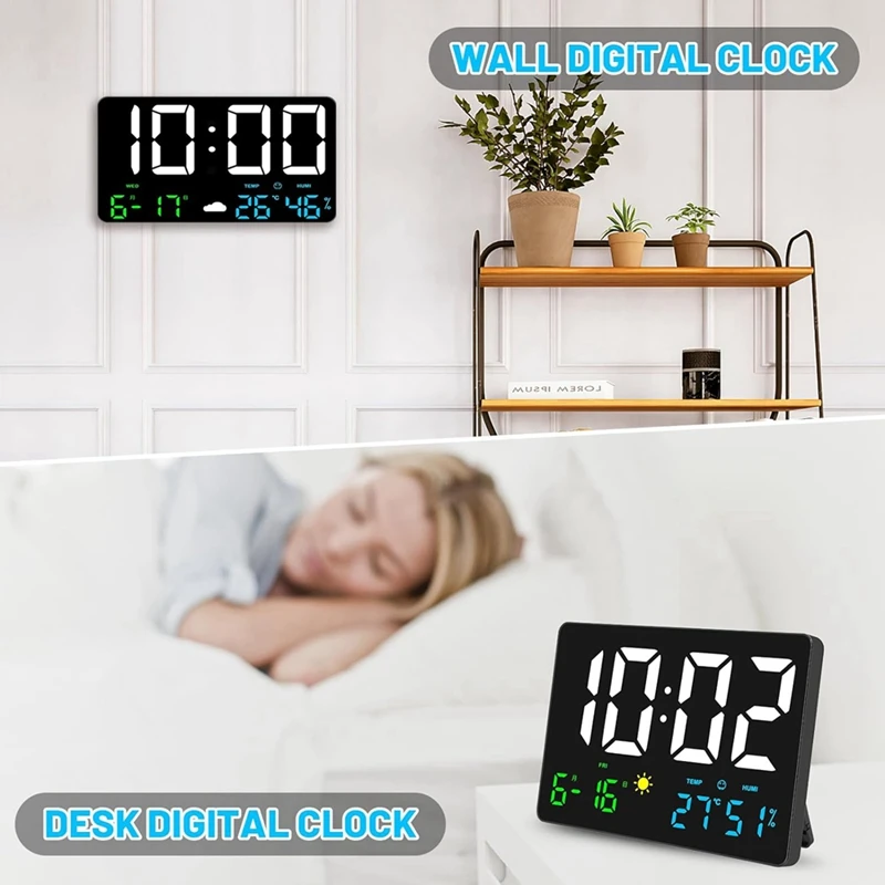LED Digital Wall Clock with Large Display Alarm Clocks for Bedrooms with Weather Station USB 11.5"