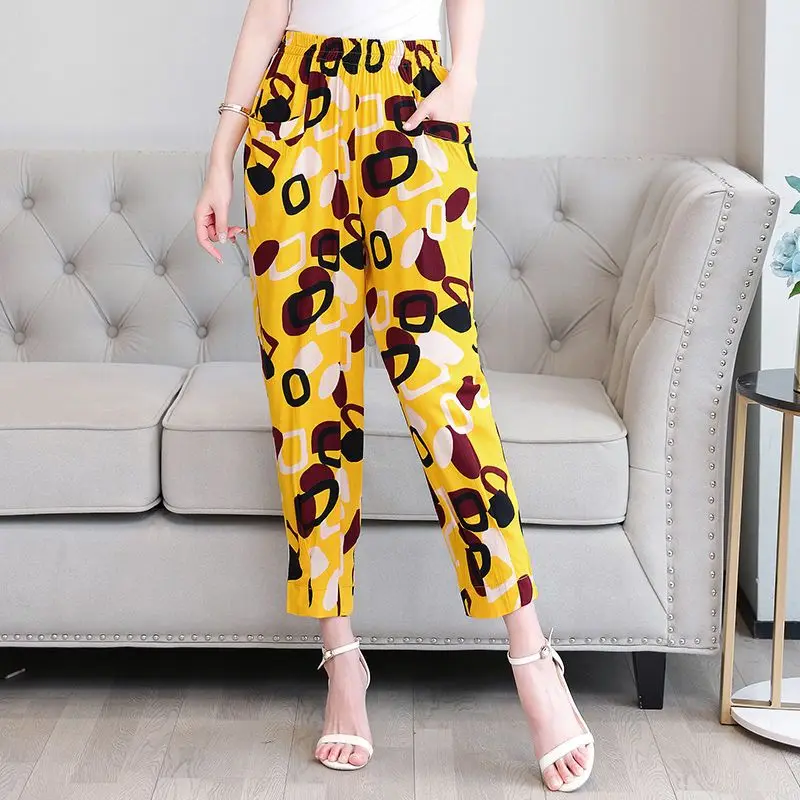 2023 New Summer Retro Art High Waist Printed Bloomers Fashion Thin Oversize Loose Casual Versatile Nine Cent Harem Pants