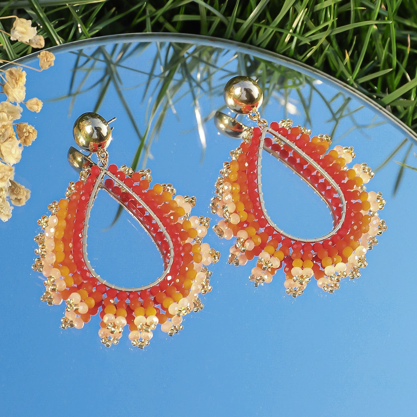 Boho Exquisite Waterdrop Crystal Beads Earrings for Women Handmade Big Statement Metal Earrings Summer Party Jewelry Accessories