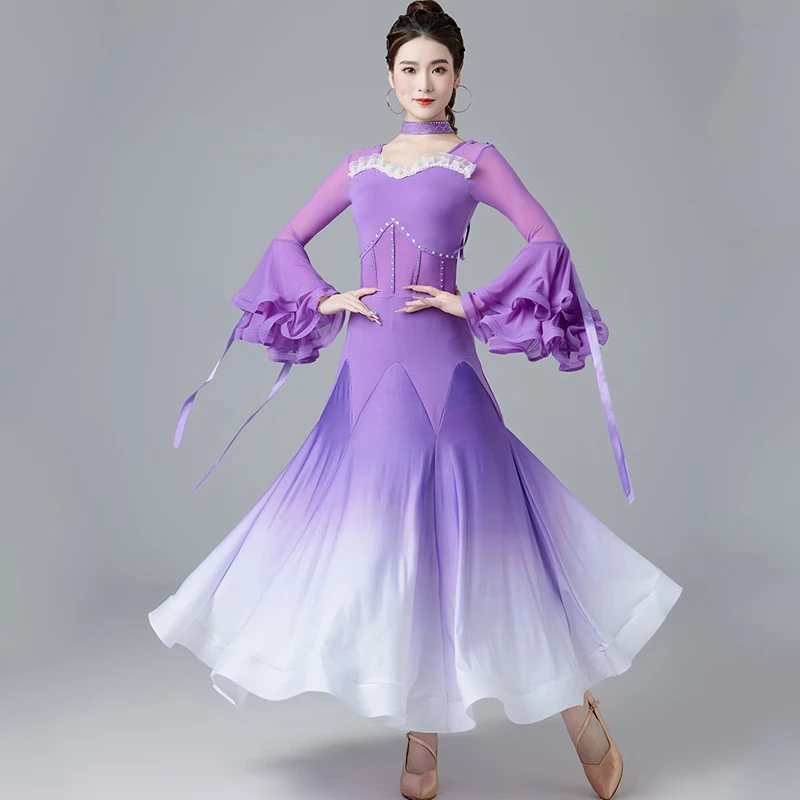 

2024 New Ballroom Dance Competition Dress For Women Gradient Long Sleeved Big Swing Dress Adult Waltz Modern Dance Wear DQL9104