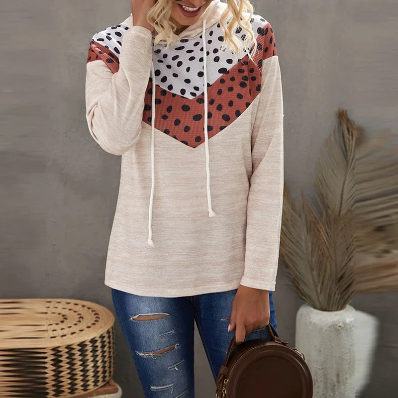 Spring Autumn Fashion Hooded Sweatshirt Apricot Pullover Casual Hoodies for Ladies Long Sleeve Tops Dot Print Patchwork Jumper