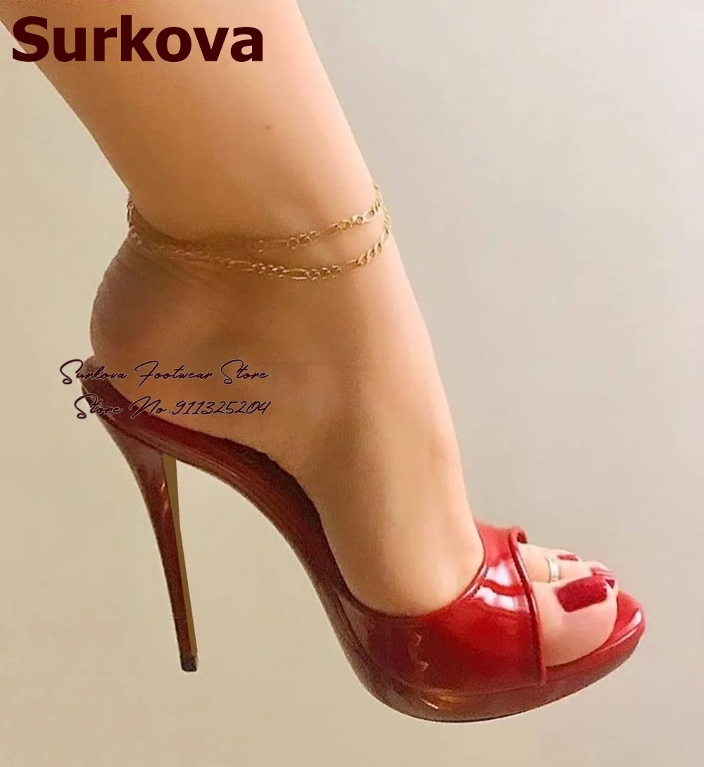 Surkova Red Patent Leather Platform Modern Slippers Thin High Heel Slip-on Women Sandals Open Toe Dress Shoes Hologram Silver