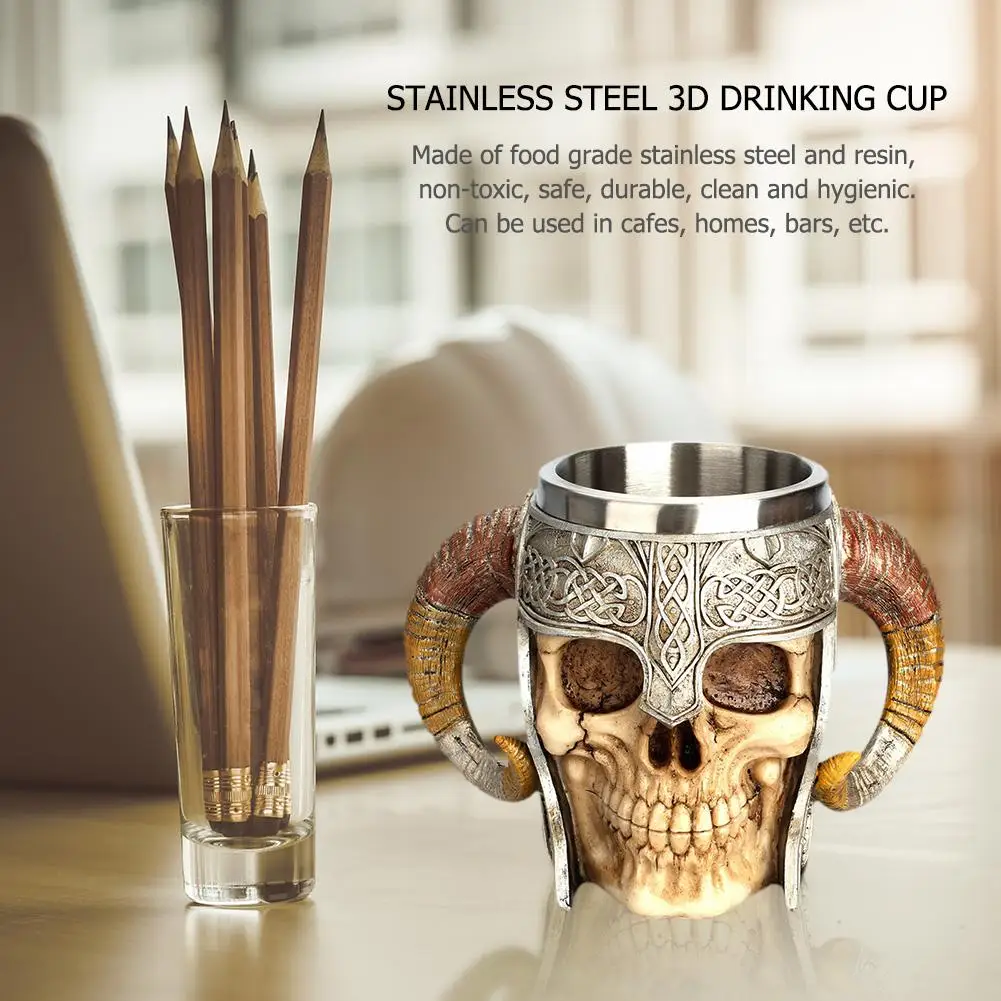 Description Picture 4 of itemStainless Steel Skull Mug Viking Drinking Cup Skeleton Resin Beer Stein Tankard Coffee Mug Tea Cup Halloween Gift Bar Drinkware