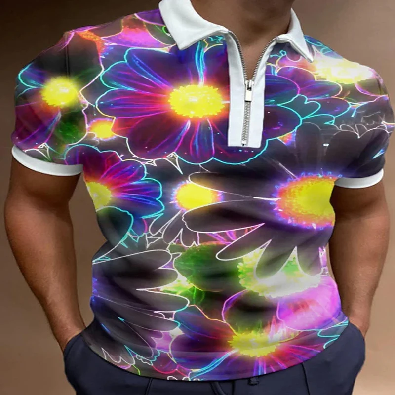 

Fashion Floral 3D Print Polo Zipper Short Sleeve Shirt for Men