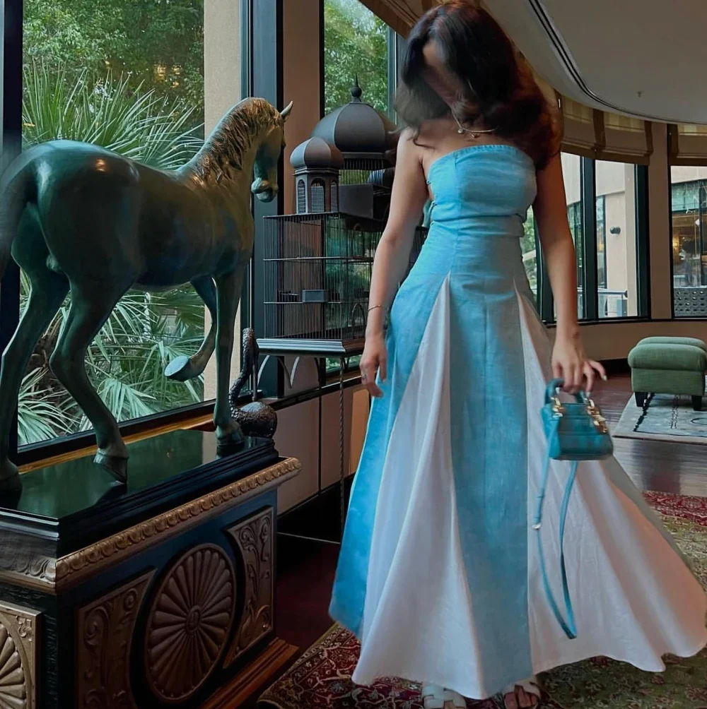 

Blue /White Strapless Evening Dresses Ankle Length A-Line Party Gown For Women Prom Dresses Robe De Mariée